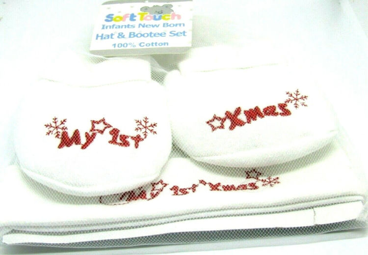 Picture of HB410-X- HAT AND BOOTEE SET 100% COTTON MERRY CHRISTMAS